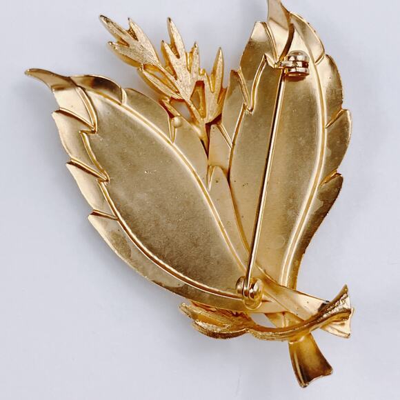 VTG Mid Century Brooch Leaf Wheat Botanical 1950s Gold Tone Textured Jewelry - Picture 7 of 12